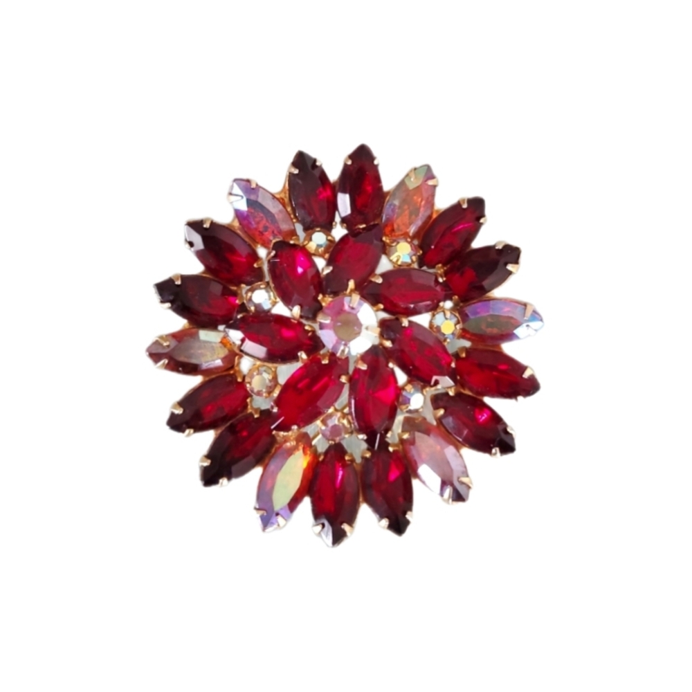 Vintage 60s Unmarked Weiss Red and Irridescant Navette Brooch